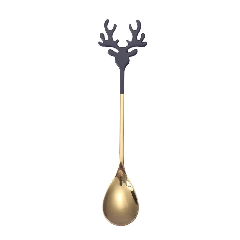 Christmas Deer Head Coffee Scoops Stainless Steel Xmas Antlers Ice Cream Desserts Spoon Tableware Stirring Tea Spoons