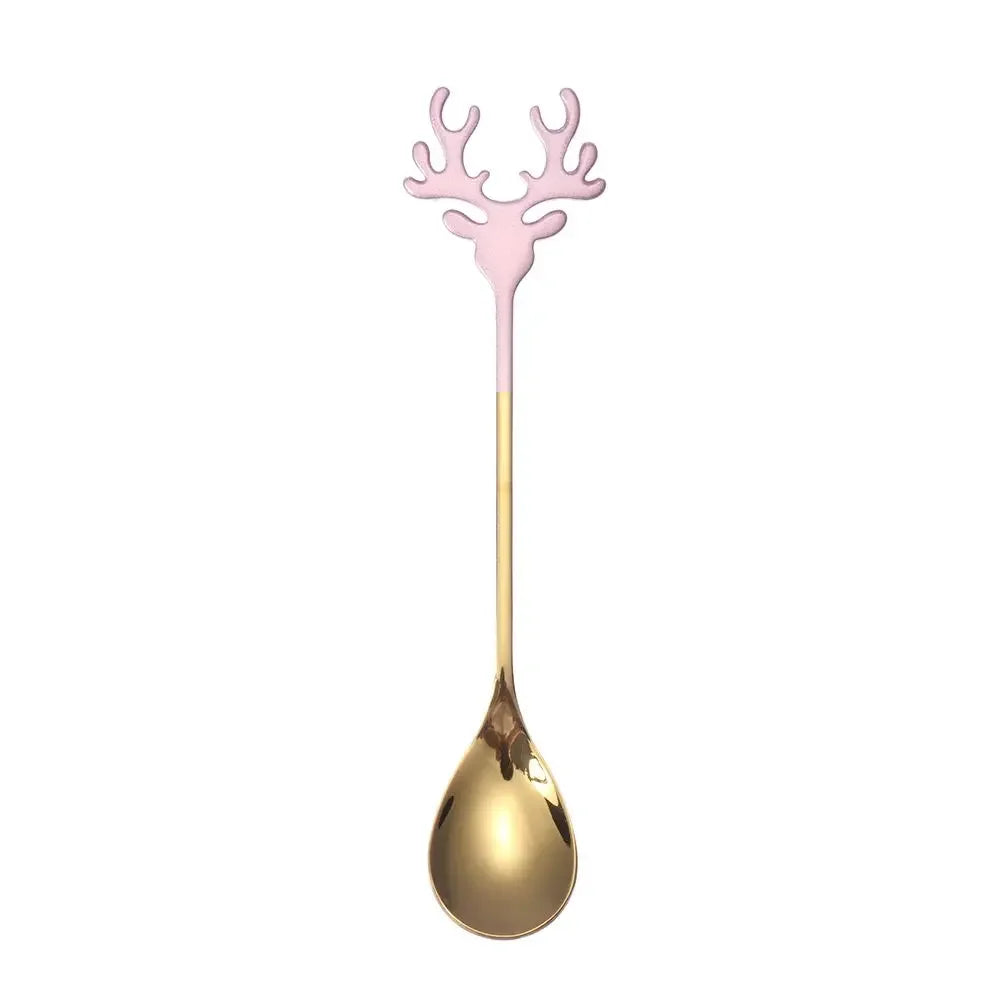 Christmas Deer Head Coffee Scoops Stainless Steel Xmas Antlers Ice Cream Desserts Spoon Tableware Stirring Tea Spoons