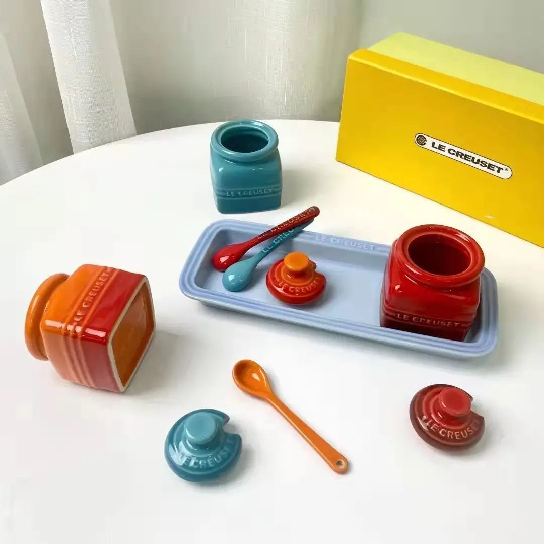 Salt And Pepper Jar Set Ceramic Organizer Small Things Herb Shakers Sugar Spice Jars With Spoon Cover Cozinha Kitchen Gadgets