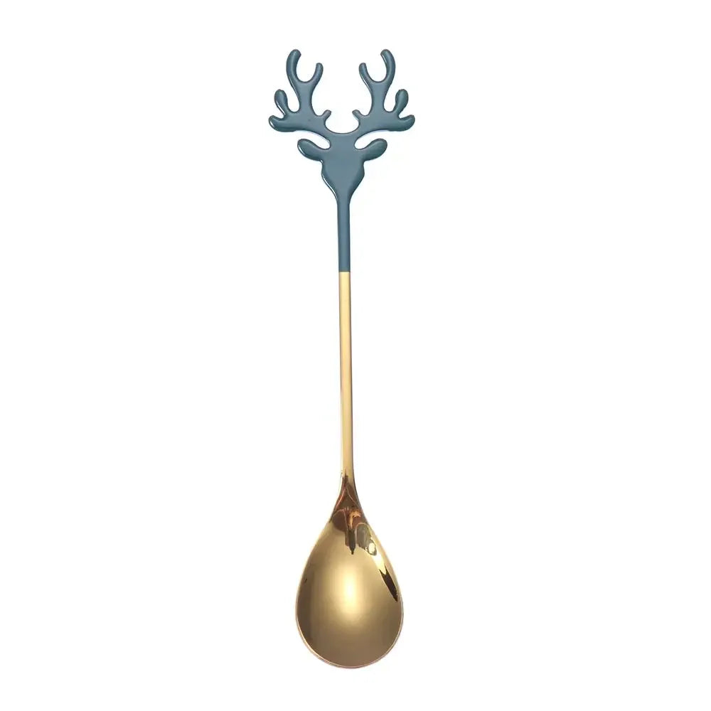 Christmas Deer Head Coffee Scoops Stainless Steel Xmas Antlers Ice Cream Desserts Spoon Tableware Stirring Tea Spoons