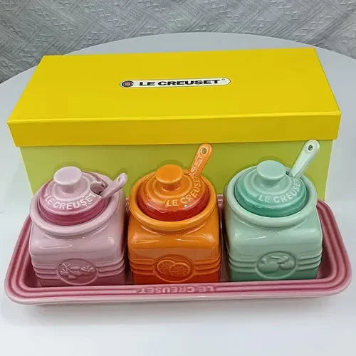 Salt And Pepper Jar Set Ceramic Organizer Small Things Herb Shakers Sugar Spice Jars With Spoon Cover Cozinha Kitchen Gadgets