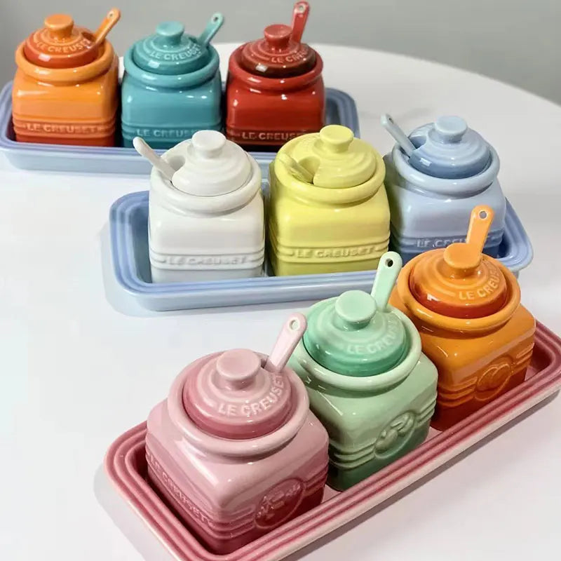 Salt And Pepper Jar Set Ceramic Organizer Small Things Herb Shakers Sugar Spice Jars With Spoon Cover Cozinha Kitchen Gadgets