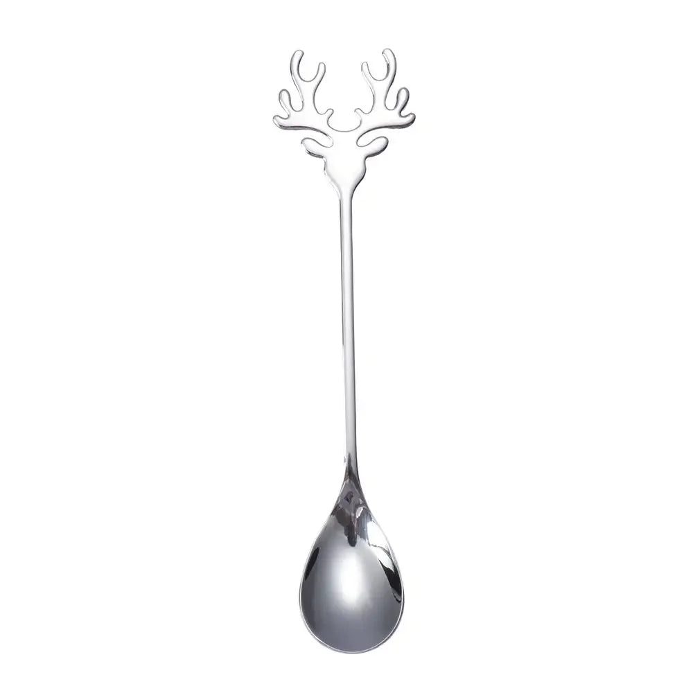 Christmas Deer Head Coffee Scoops Stainless Steel Xmas Antlers Ice Cream Desserts Spoon Tableware Stirring Tea Spoons