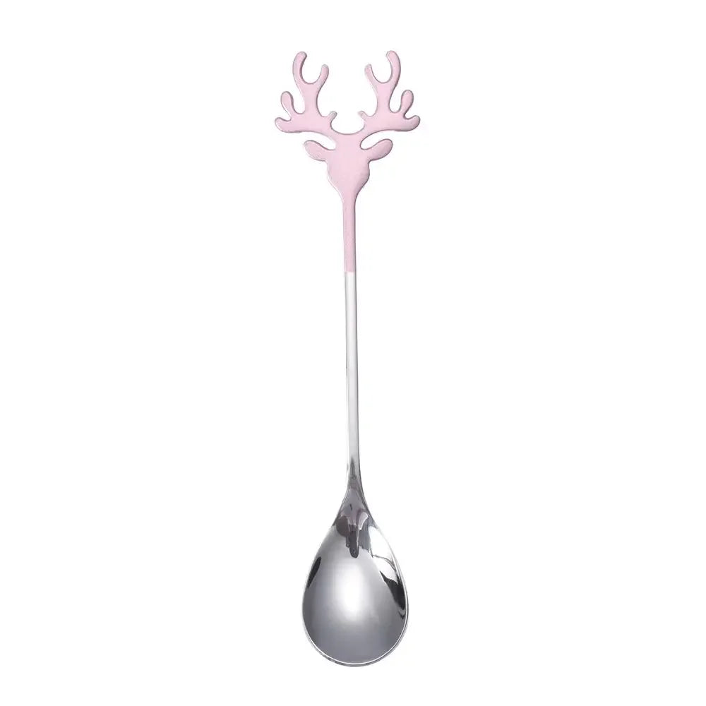 Christmas Deer Head Coffee Scoops Stainless Steel Xmas Antlers Ice Cream Desserts Spoon Tableware Stirring Tea Spoons