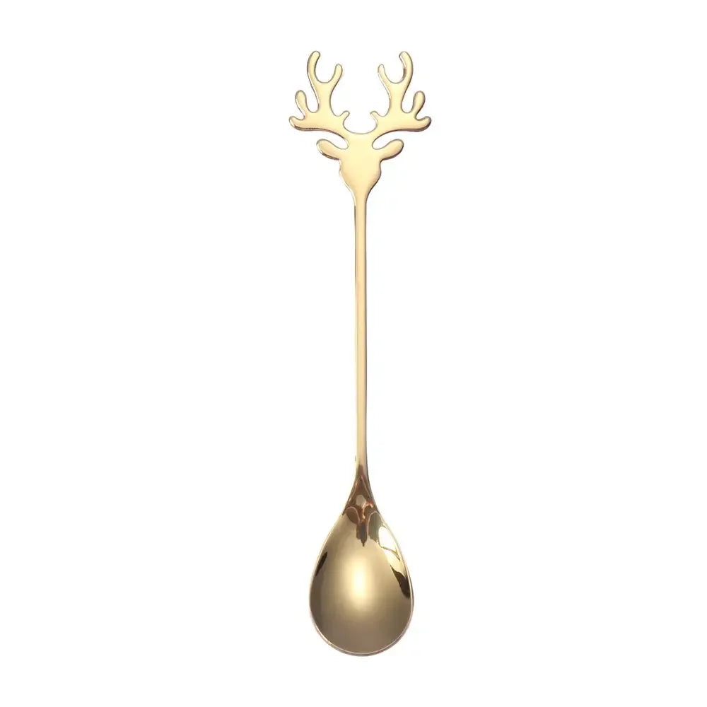 Christmas Deer Head Coffee Scoops Stainless Steel Xmas Antlers Ice Cream Desserts Spoon Tableware Stirring Tea Spoons