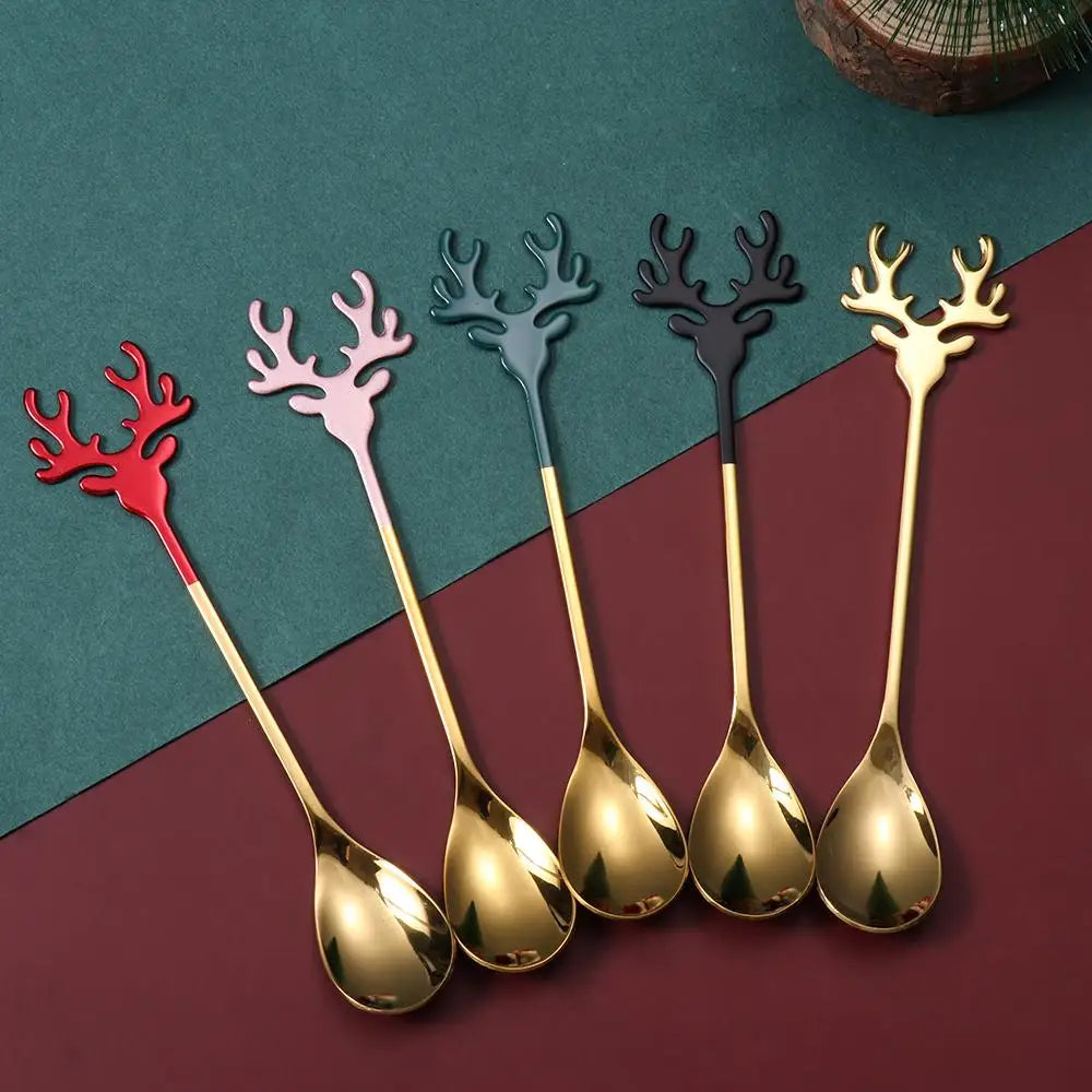 Christmas Deer Head Coffee Scoops Stainless Steel Xmas Antlers Ice Cream Desserts Spoon Tableware Stirring Tea Spoons