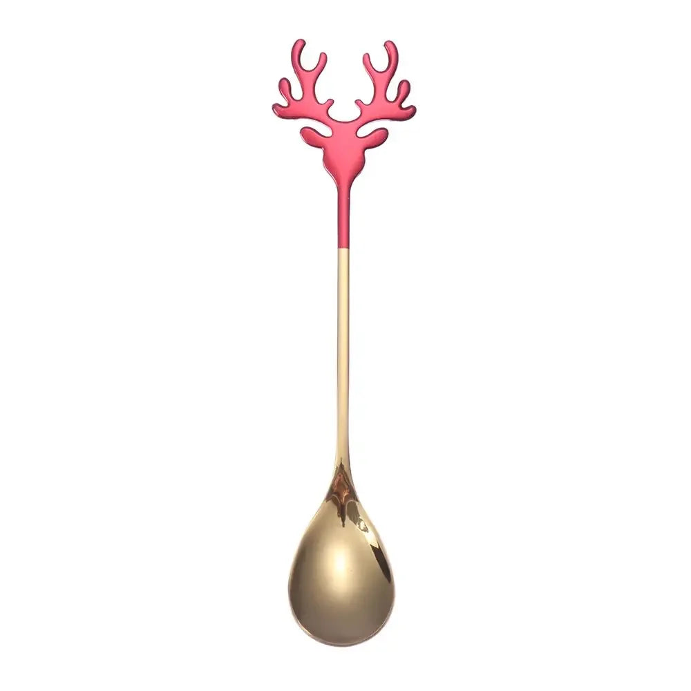 Christmas Deer Head Coffee Scoops Stainless Steel Xmas Antlers Ice Cream Desserts Spoon Tableware Stirring Tea Spoons