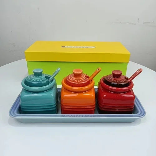 Salt And Pepper Jar Set Ceramic Organizer Small Things Herb Shakers Sugar Spice Jars With Spoon Cover Cozinha Kitchen Gadgets