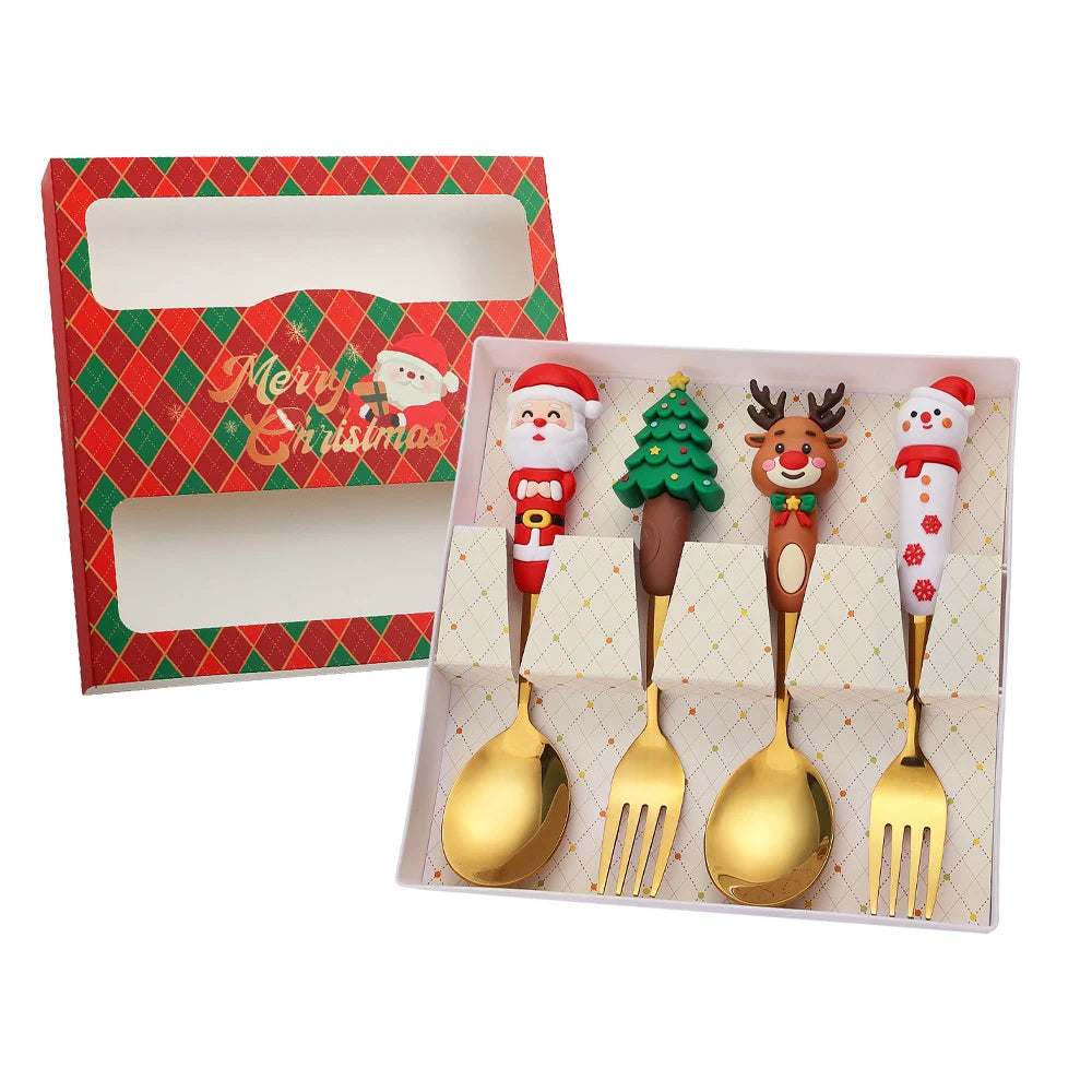 2/4Pcs Christmas Dinnerware Stainless Steel With Luxury Gift Box Tableware Dessert Fork Coffee Spoon Santa Cutlery For Christmas