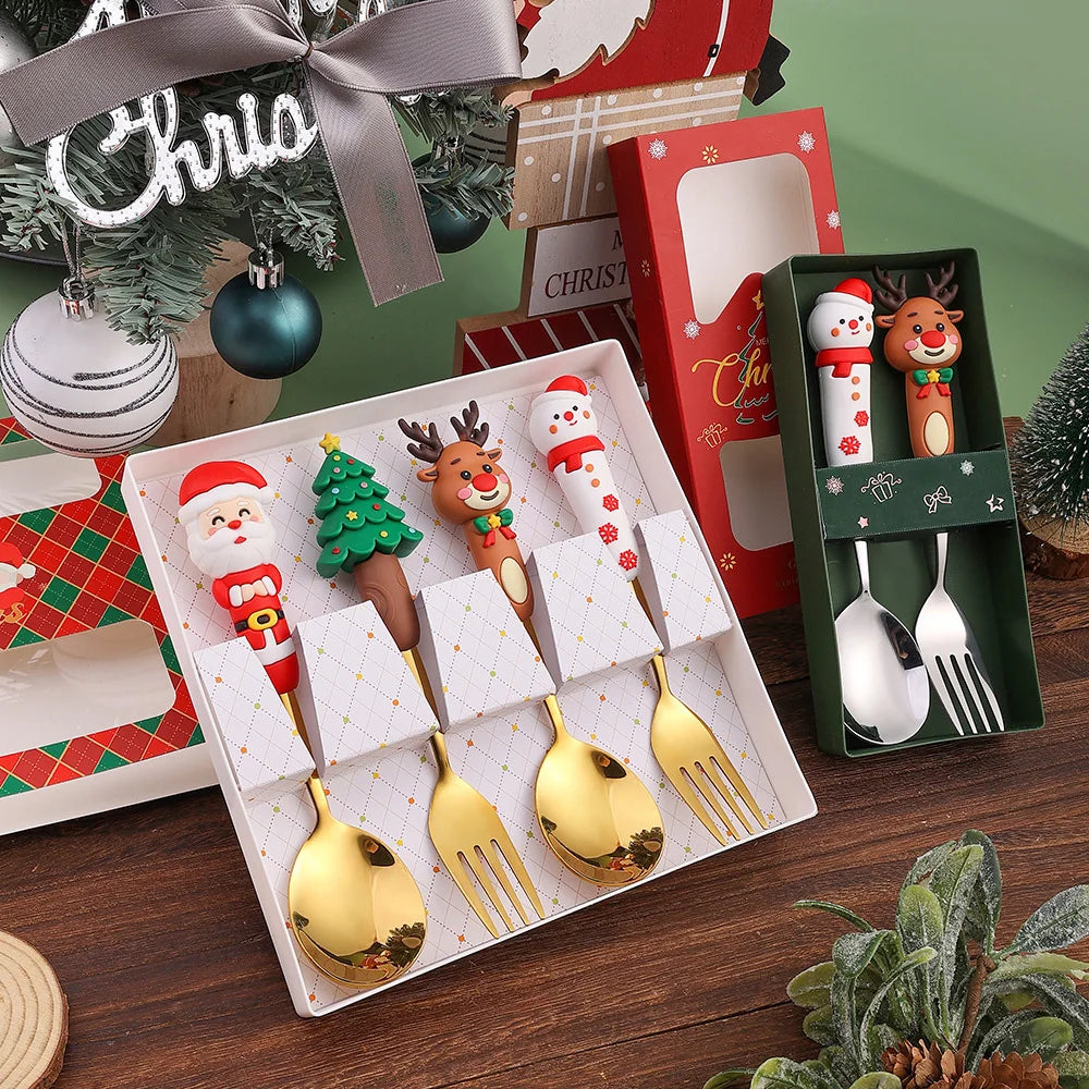 2/4Pcs Christmas Dinnerware Stainless Steel With Luxury Gift Box Tableware Dessert Fork Coffee Spoon Santa Cutlery For Christmas
