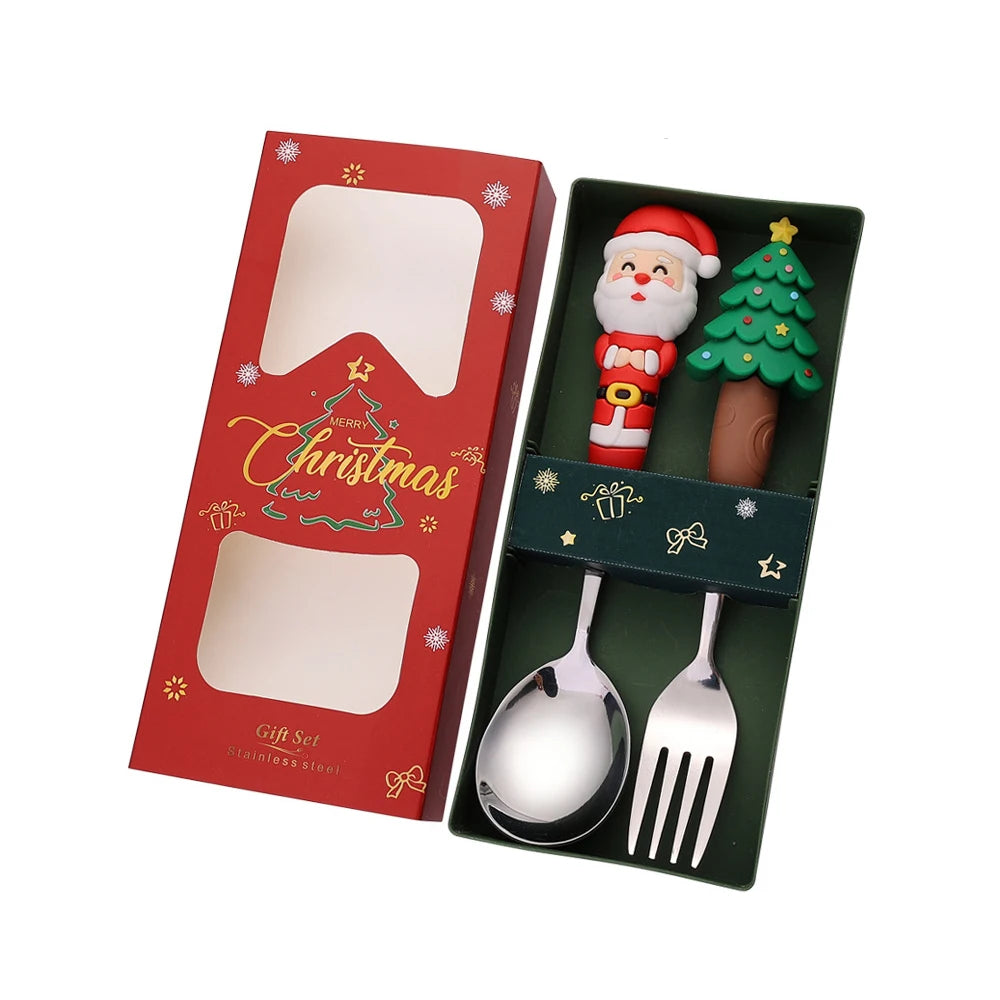 2/4Pcs Christmas Dinnerware Stainless Steel With Luxury Gift Box Tableware Dessert Fork Coffee Spoon Santa Cutlery For Christmas