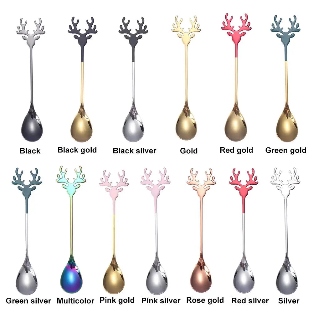 Christmas Deer Head Coffee Scoops Stainless Steel Xmas Antlers Ice Cream Desserts Spoon Tableware Stirring Tea Spoons