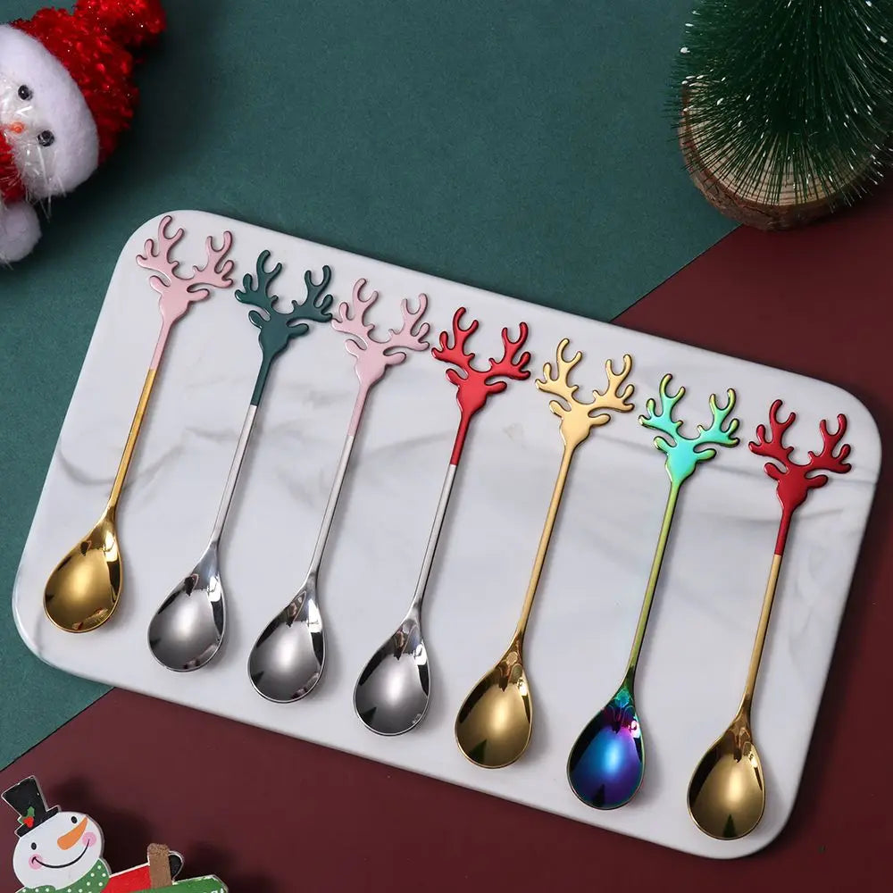 Christmas Deer Head Coffee Scoops Stainless Steel Xmas Antlers Ice Cream Desserts Spoon Tableware Stirring Tea Spoons