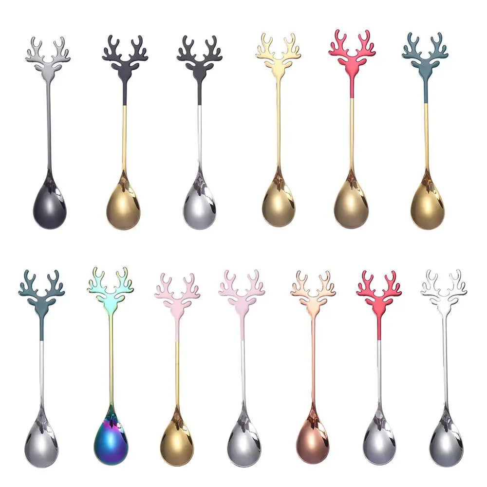 Christmas Deer Head Coffee Scoops Stainless Steel Xmas Antlers Ice Cream Desserts Spoon Tableware Stirring Tea Spoons