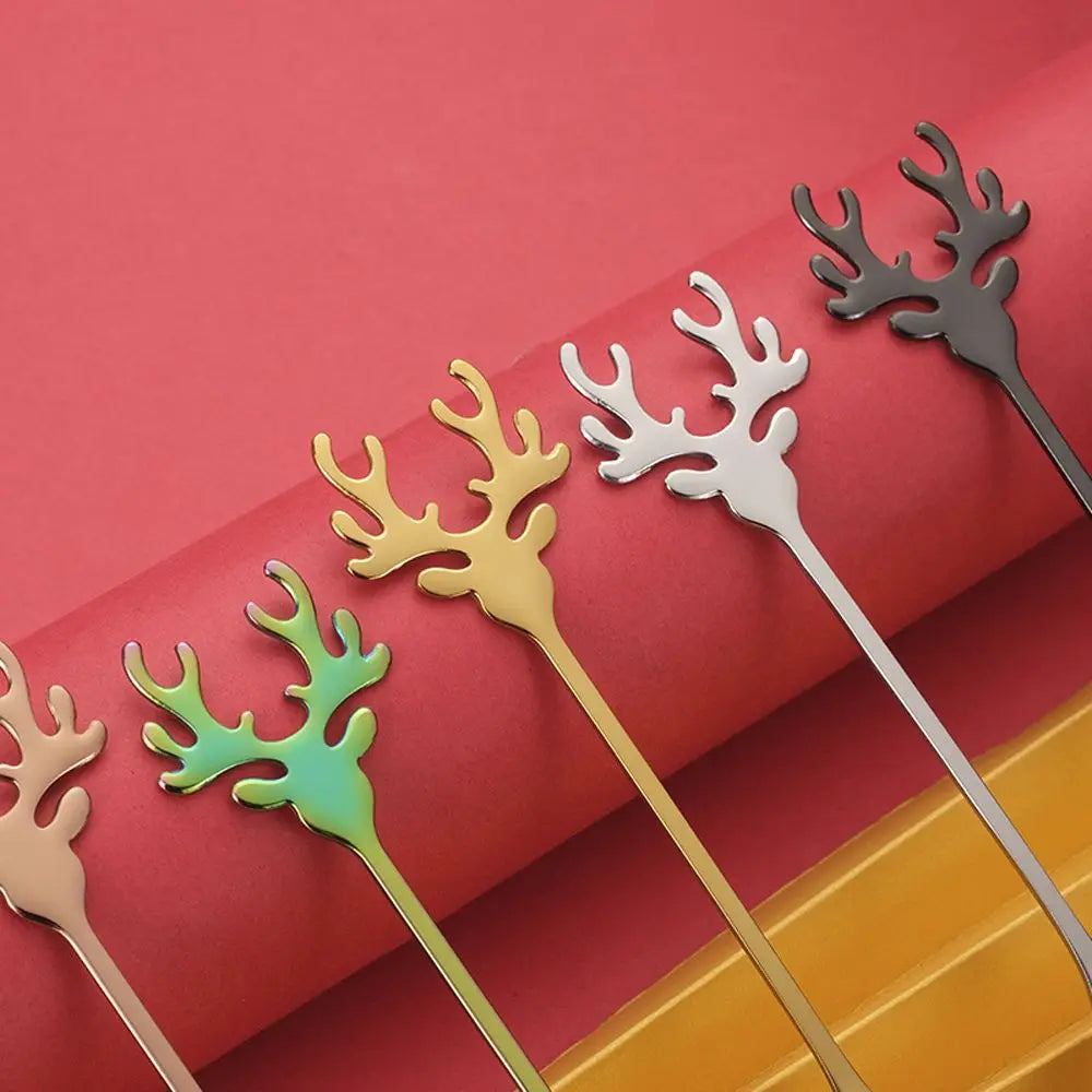 Christmas Deer Head Coffee Scoops Stainless Steel Xmas Antlers Ice Cream Desserts Spoon Tableware Stirring Tea Spoons