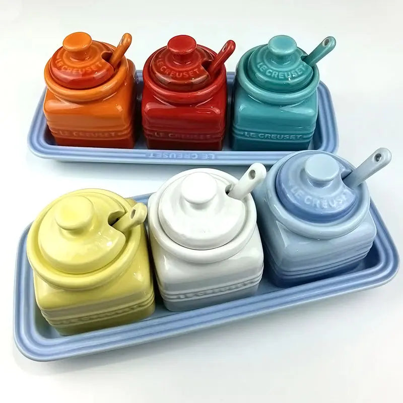 Salt And Pepper Jar Set Ceramic Organizer Small Things Herb Shakers Sugar Spice Jars With Spoon Cover Cozinha Kitchen Gadgets