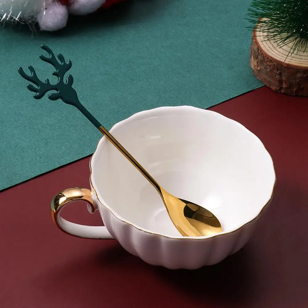 Christmas Deer Head Coffee Scoops Stainless Steel Xmas Antlers Ice Cream Desserts Spoon Tableware Stirring Tea Spoons