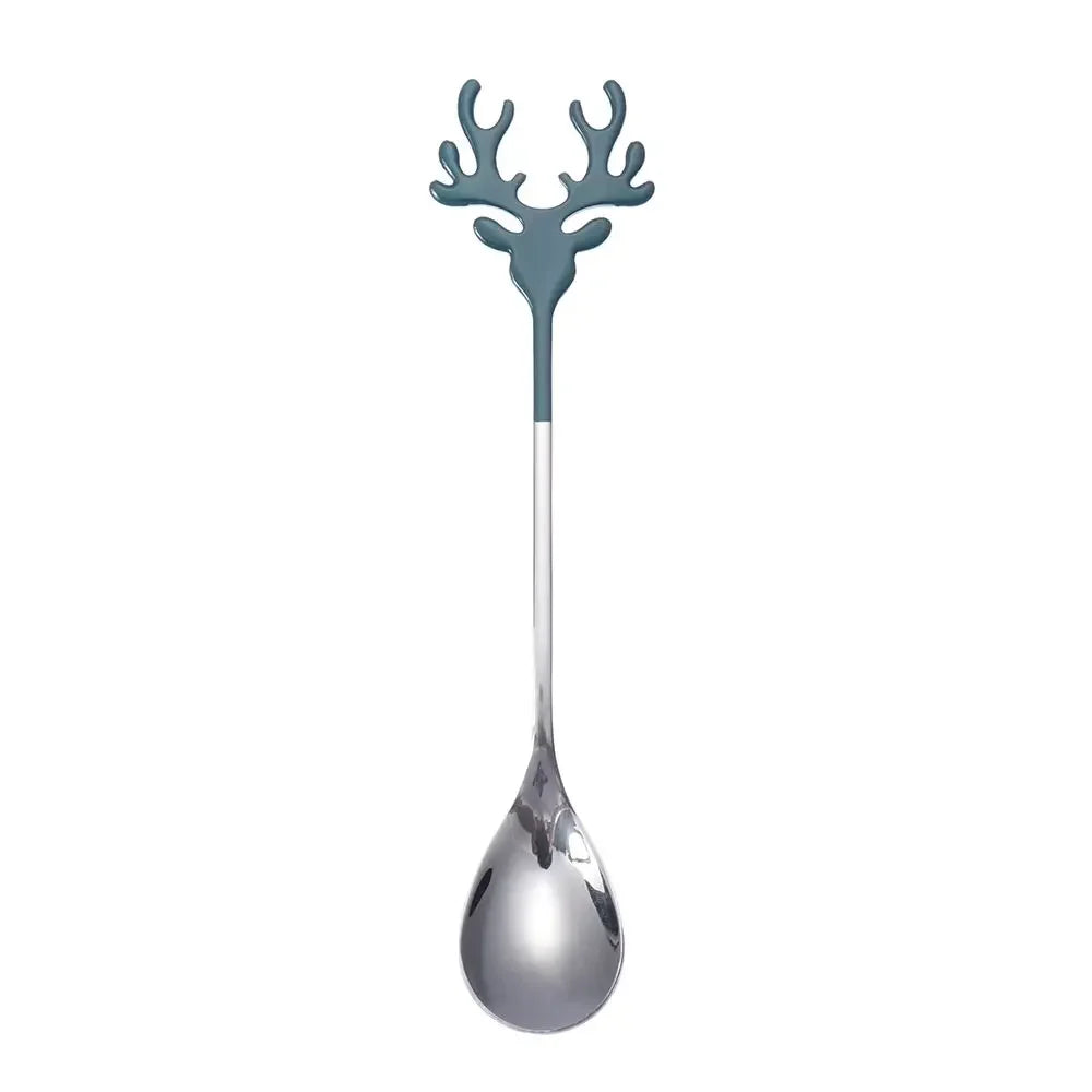 Christmas Deer Head Coffee Scoops Stainless Steel Xmas Antlers Ice Cream Desserts Spoon Tableware Stirring Tea Spoons