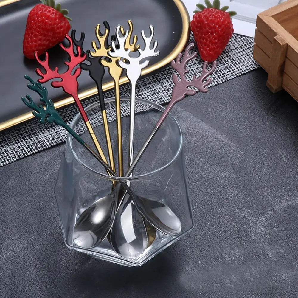 Christmas Deer Head Coffee Scoops Stainless Steel Xmas Antlers Ice Cream Desserts Spoon Tableware Stirring Tea Spoons