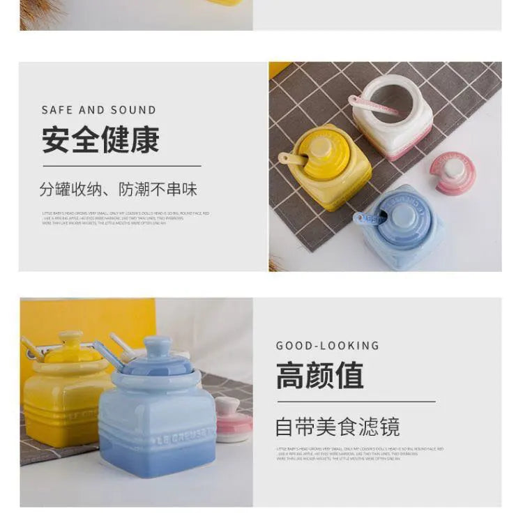 Salt And Pepper Jar Set Ceramic Organizer Small Things Herb Shakers Sugar Spice Jars With Spoon Cover Cozinha Kitchen Gadgets