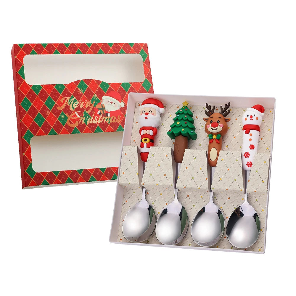 2/4Pcs Christmas Dinnerware Stainless Steel With Luxury Gift Box Tableware Dessert Fork Coffee Spoon Santa Cutlery For Christmas