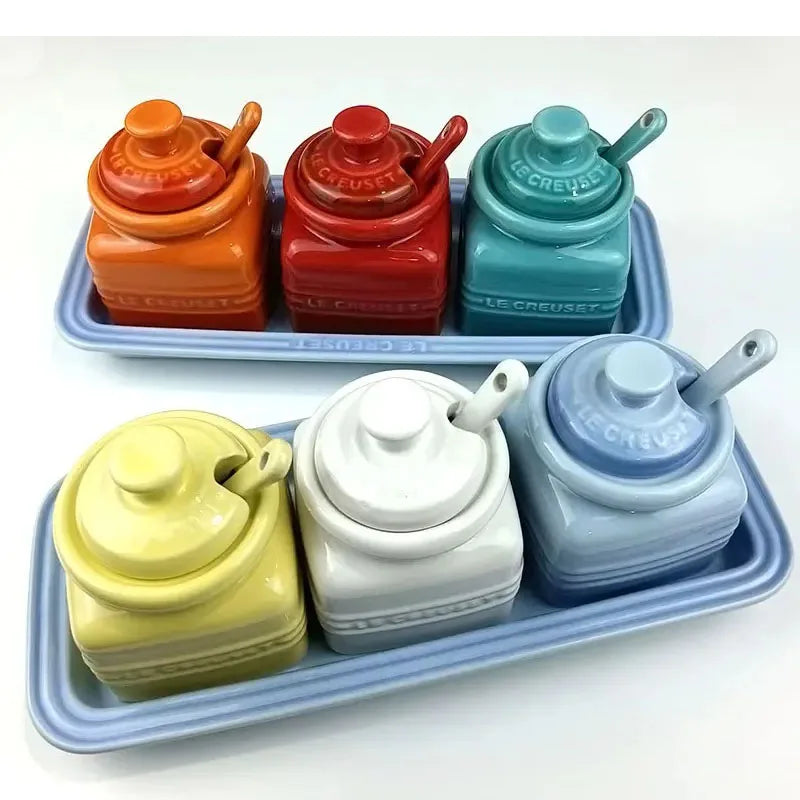 Salt And Pepper Jar Set Ceramic Organizer Small Things Herb Shakers Sugar Spice Jars With Spoon Cover Cozinha Kitchen Gadgets