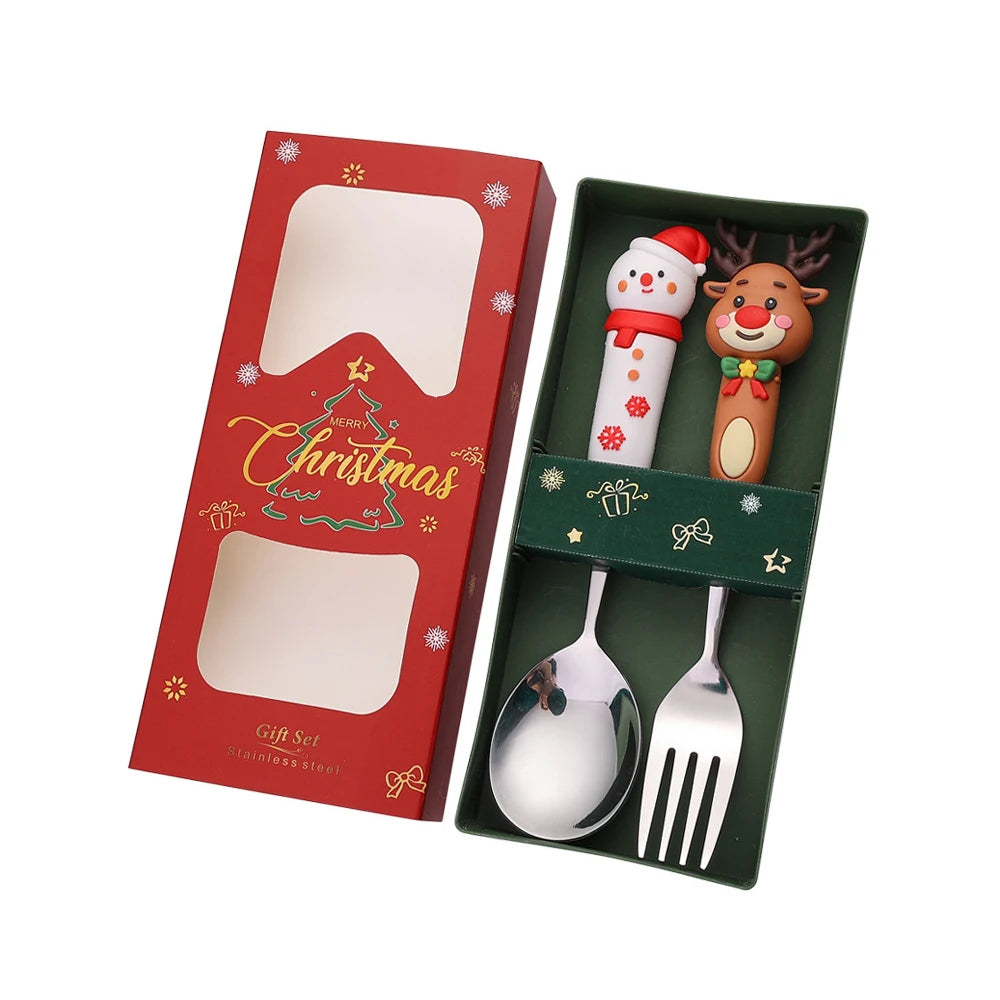 2/4Pcs Christmas Dinnerware Stainless Steel With Luxury Gift Box Tableware Dessert Fork Coffee Spoon Santa Cutlery For Christmas