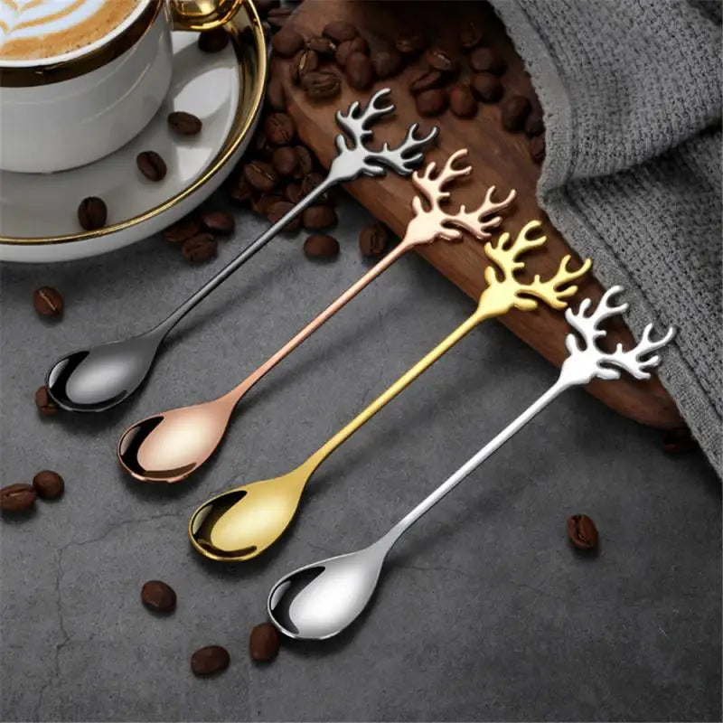New Christmas Stainless Steel Gold Tableware Cute Cartoon Ice Cream Dessert Spoon Coffee Stirring Teaspoon  Party Gift