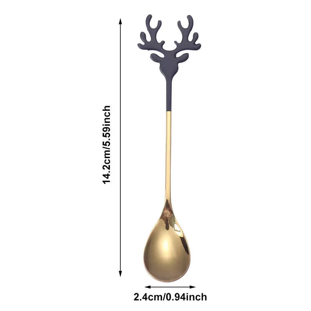Christmas Deer Head Coffee Scoops Stainless Steel Xmas Antlers Ice Cream Desserts Spoon Tableware Stirring Tea Spoons