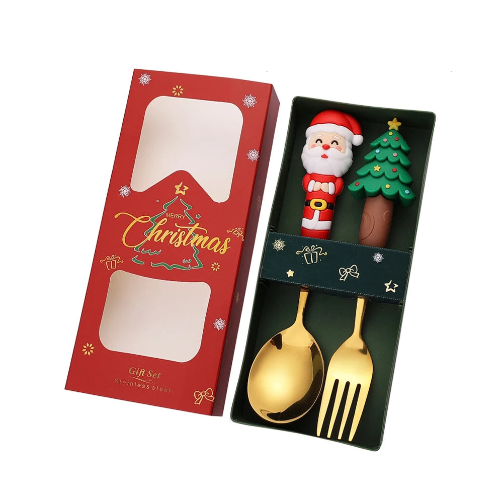 2/4Pcs Christmas Dinnerware Stainless Steel With Luxury Gift Box Tableware Dessert Fork Coffee Spoon Santa Cutlery For Christmas