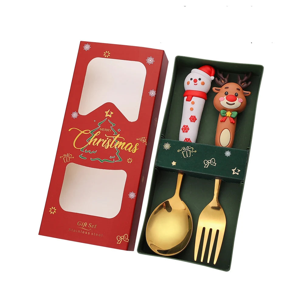 2/4Pcs Christmas Dinnerware Stainless Steel With Luxury Gift Box Tableware Dessert Fork Coffee Spoon Santa Cutlery For Christmas
