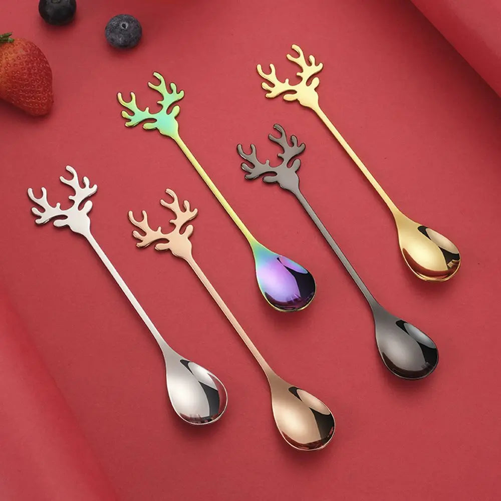 Christmas Deer Head Coffee Scoops Stainless Steel Xmas Antlers Ice Cream Desserts Spoon Tableware Stirring Tea Spoons