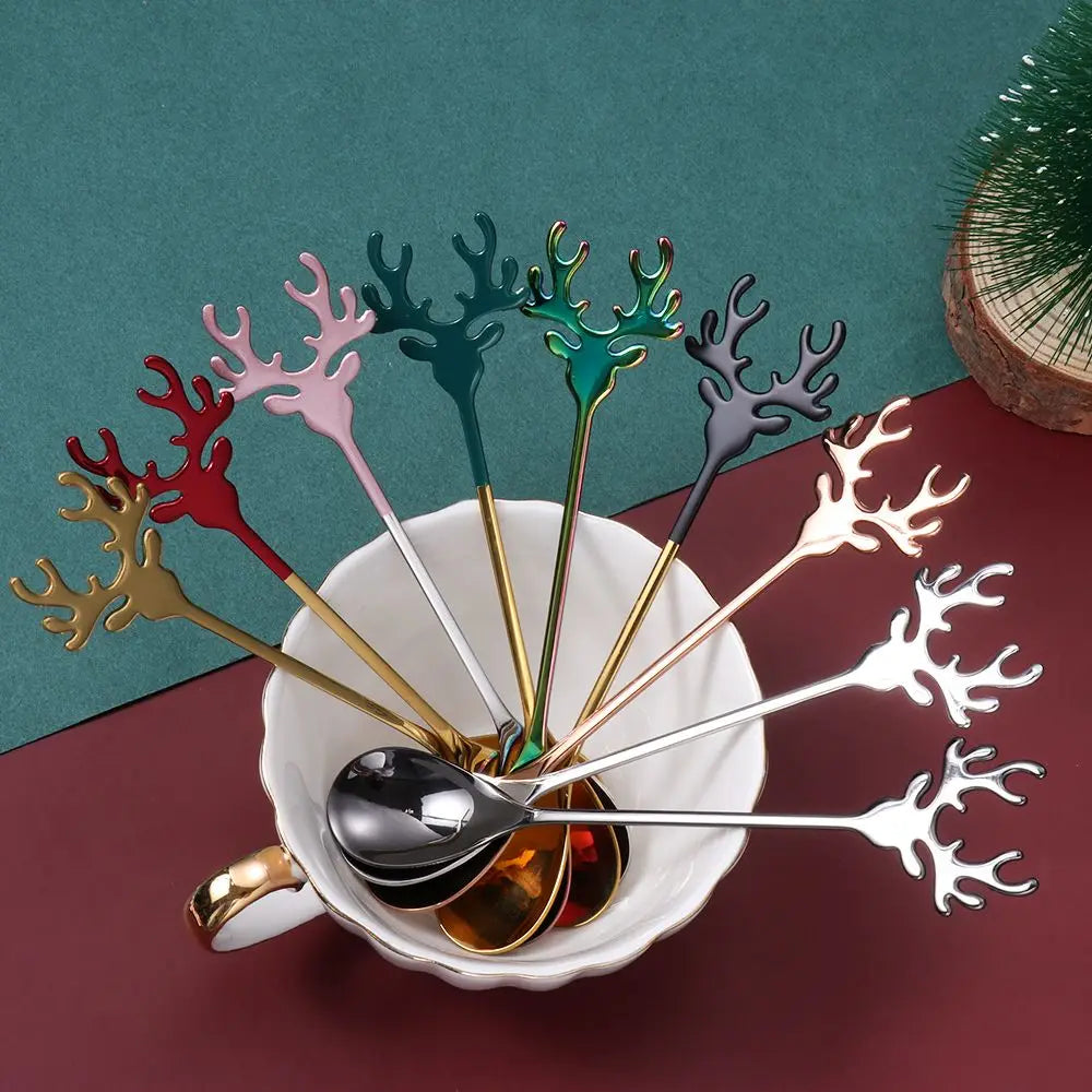Christmas Deer Head Coffee Scoops Stainless Steel Xmas Antlers Ice Cream Desserts Spoon Tableware Stirring Tea Spoons