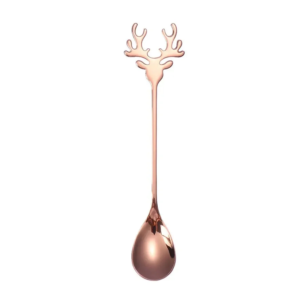 Christmas Deer Head Coffee Scoops Stainless Steel Xmas Antlers Ice Cream Desserts Spoon Tableware Stirring Tea Spoons
