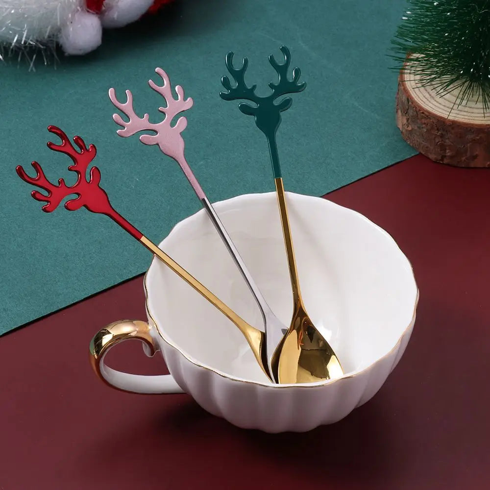 Christmas Deer Head Coffee Scoops Stainless Steel Xmas Antlers Ice Cream Desserts Spoon Tableware Stirring Tea Spoons